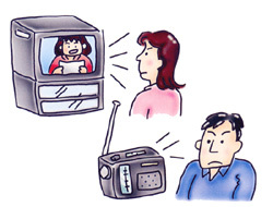 イラスト:テレビやラジオから情報を得る様子