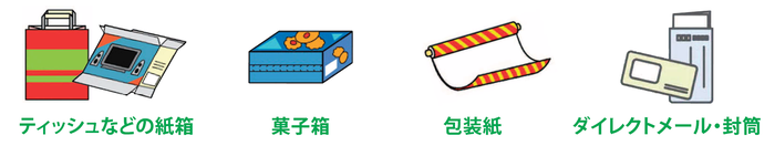 雑がみの種類のイラスト（ティッシュなどの紙箱、菓子箱、包装紙、封筒など）