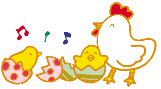 イラスト：歌うにわとりとひよこ
