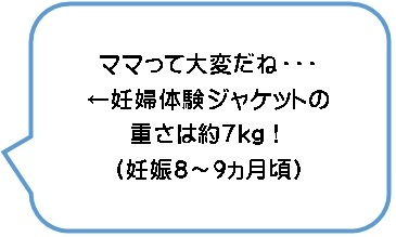 イラスト：妊婦体験ジャケットの男性「ママって大変だね。」妊婦体験ジャケットの重さは約7キログラム。妊娠8～9か月頃。