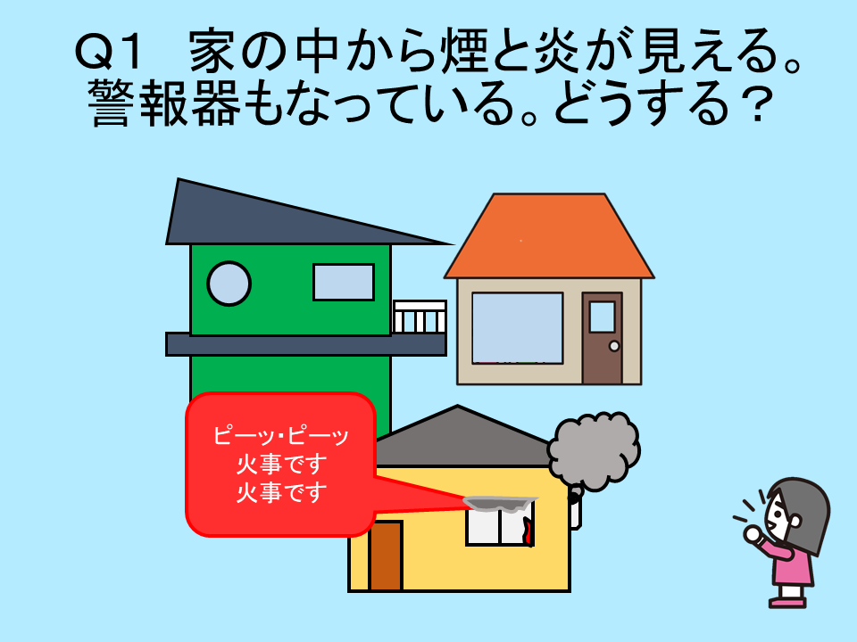 Q1　家の中から煙と炎が見える。警報機もなっている。どうする？　ピーッ・ピーッ　火事です　火事です