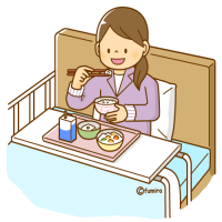 イラスト：ベッドの上で食事をとる女性