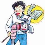 水道管が破裂したとき、布やテープを巻きつけて応急処置を行い、工事事業者に電話をするイラスト