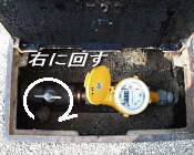 写真：メータボックス内の止水栓を右にまわして水を止めます