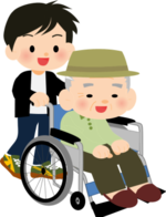 イラスト：車いすに乗った高齢者と車いすを押す男性
