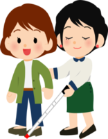 イラスト：白杖を持つ女性とサポートする女性