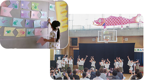 こどもの日のイベントの様子と子どもたちの手形で制作したこいのぼり